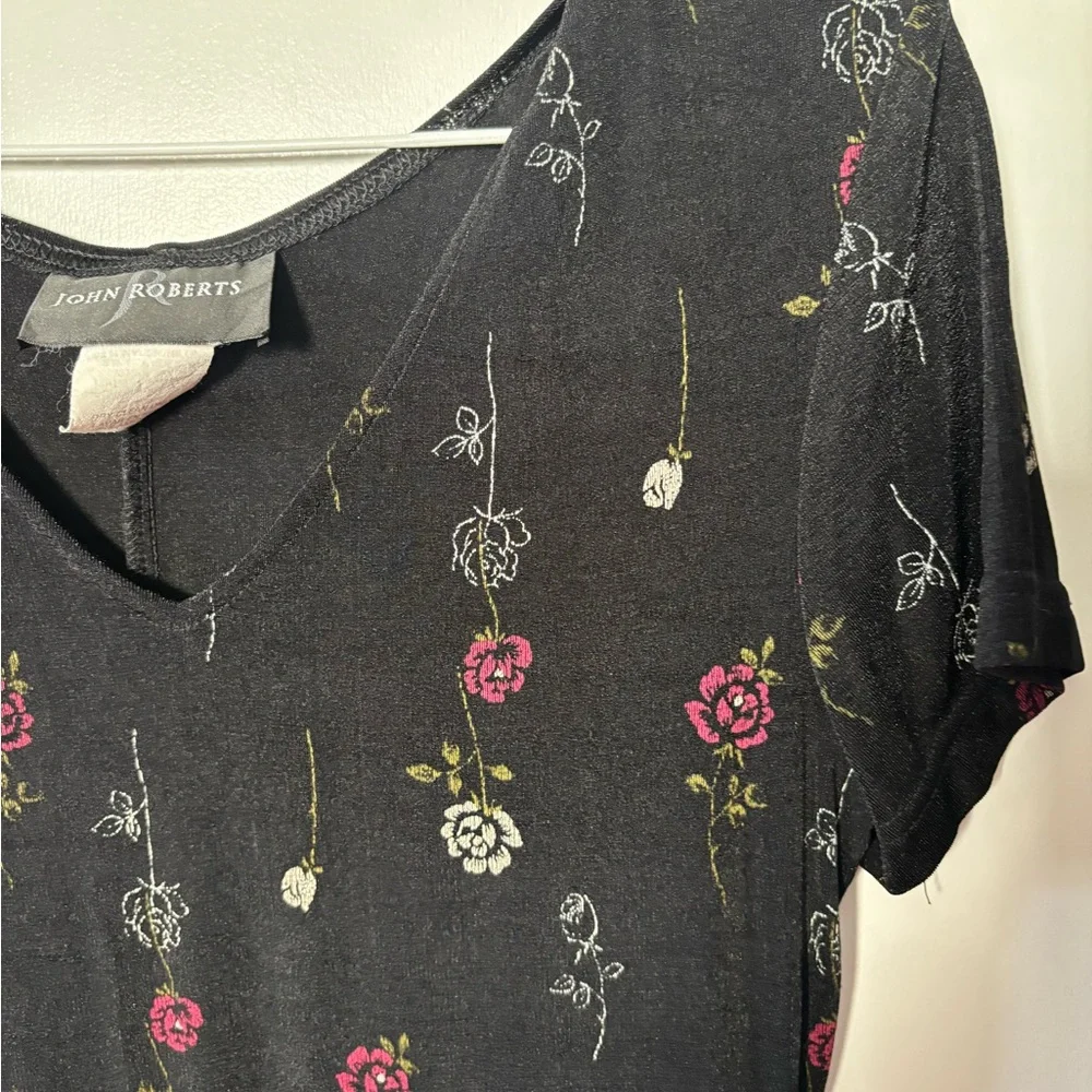 John Robert’s Black and Pink Floral Midi Dress Fairy Bohemian Cottagecore - Picture 3 of 5